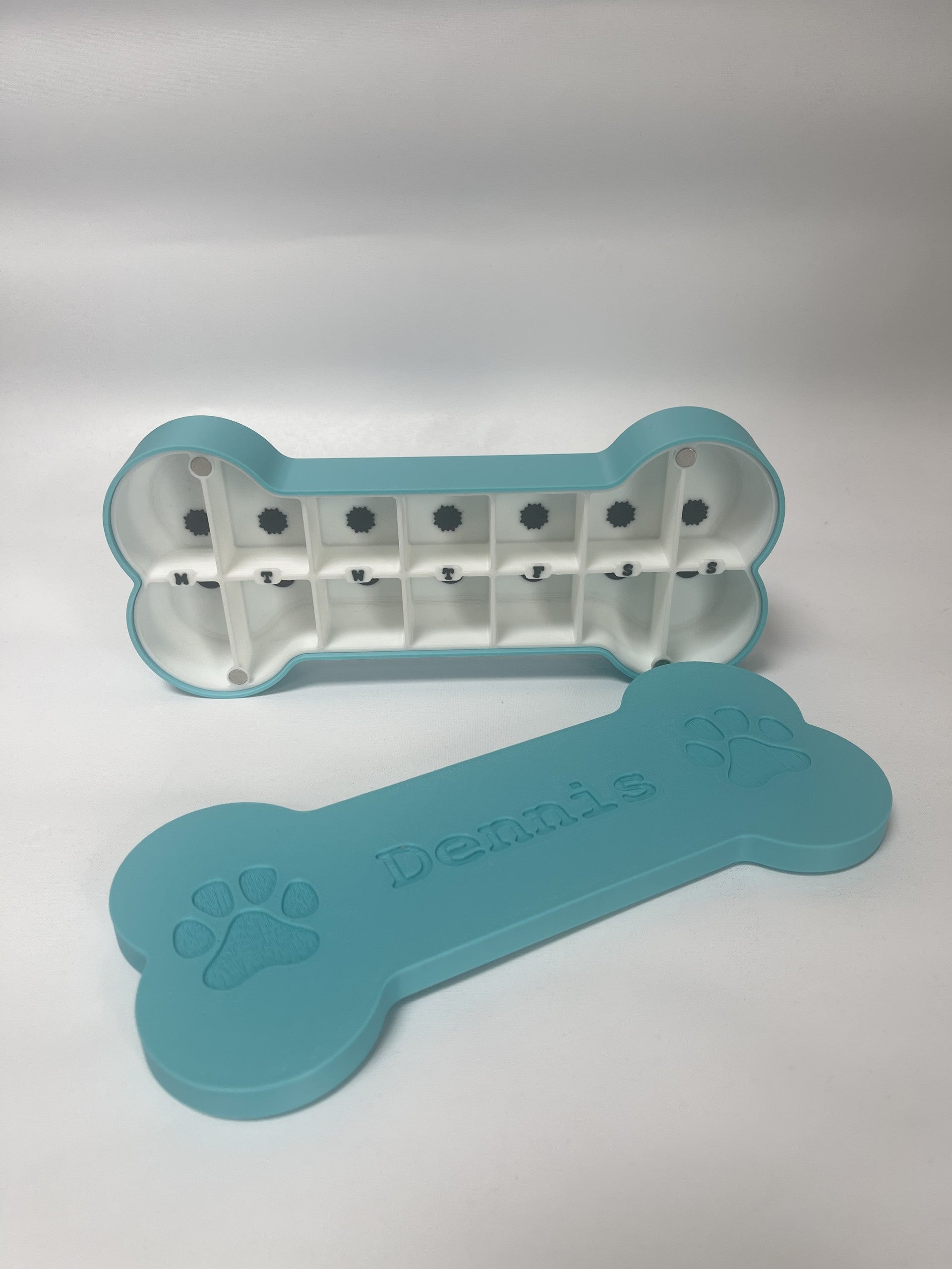 Dog Bone Pill Box, 7 Day Day/Night Organizer, Magnetic Seal, Customizable