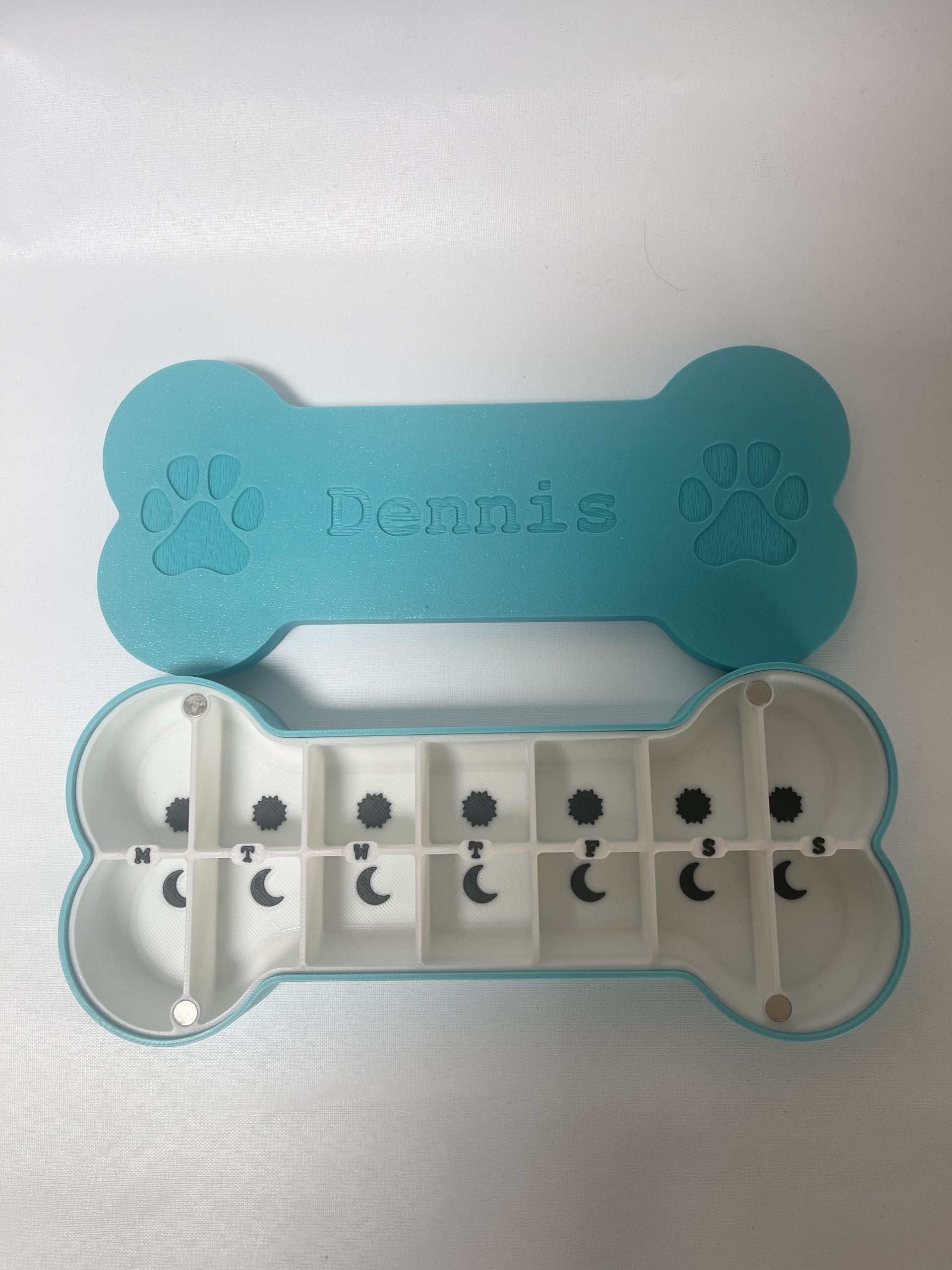 Dog Bone Pill Box, 7 Day Day/Night Organizer, Magnetic Seal, Customizable